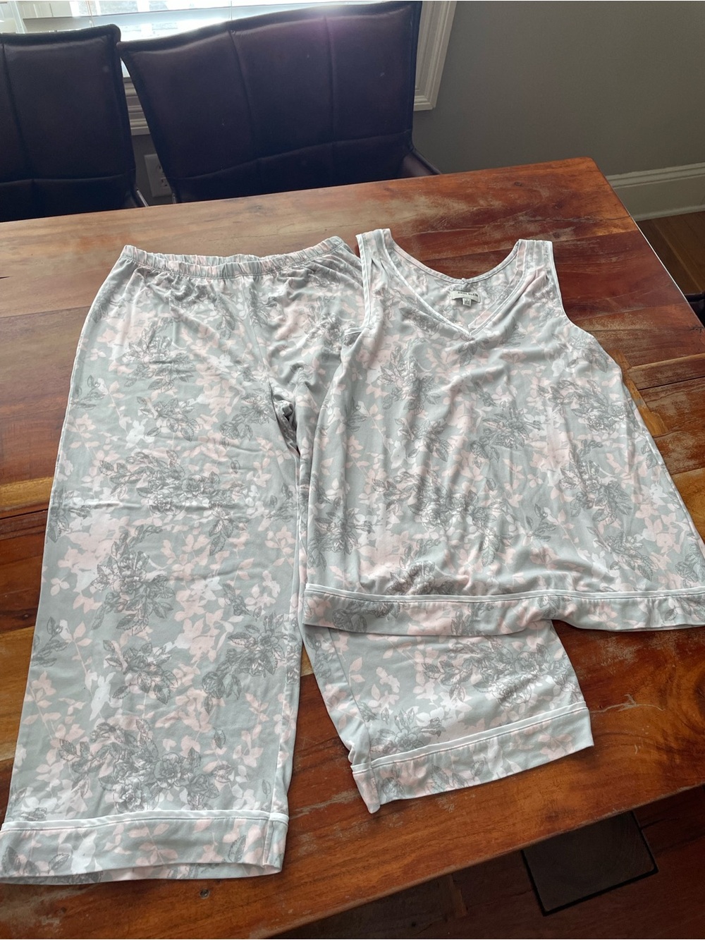 Anne Klein Soft Floral V-Neck Tank Top in Pale Gray and Blush. Pants are capris.